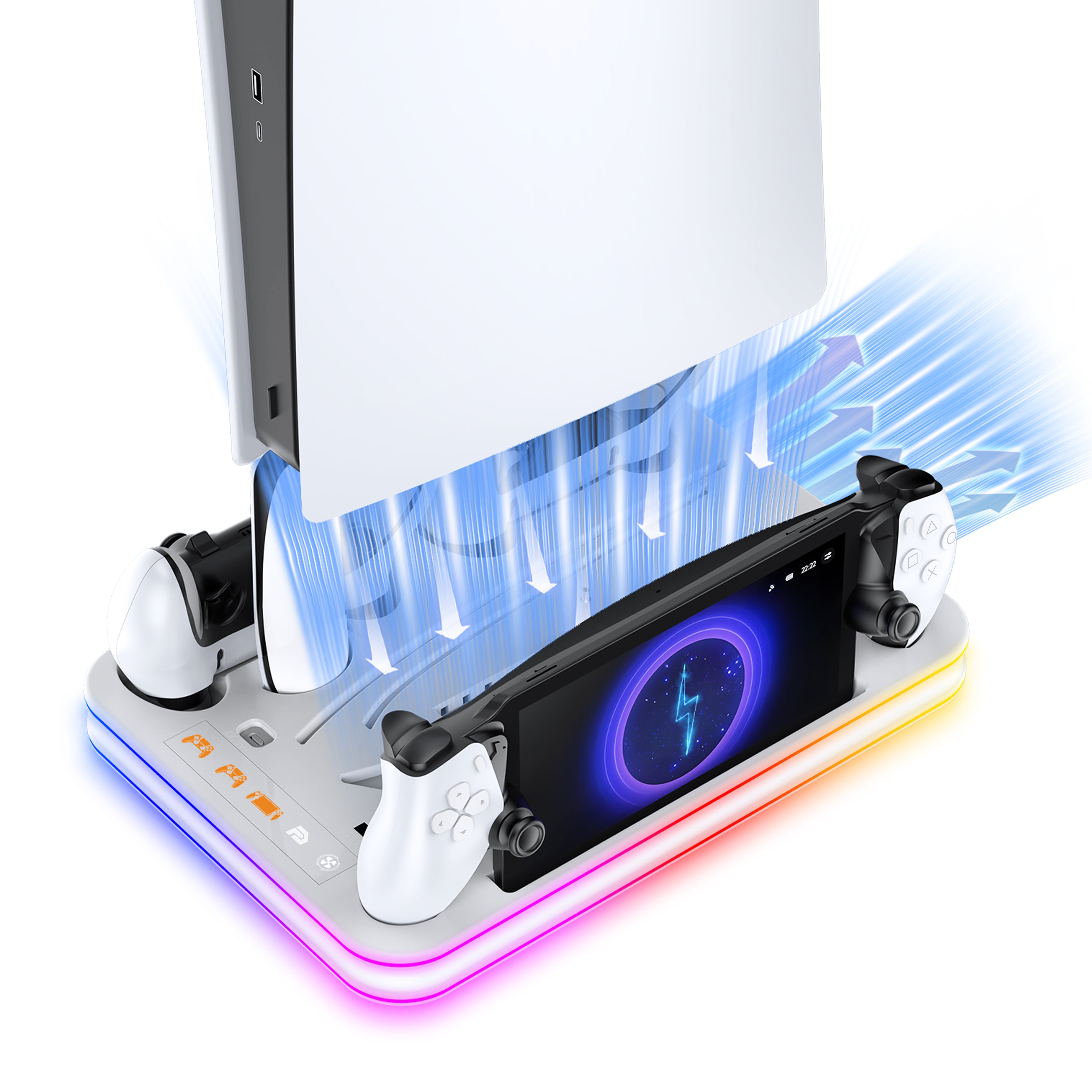 PS5 Oplaadstation & Koelstandaard– DualSense (Edge) Controller Oplader Dock – PS5 / Slim / Pro & PlayStation Portal – All-in-One (kopie)