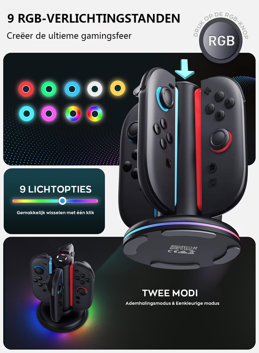 Nintendo Switch 2 Joy-Con oplader – charging dock voor 4 controllers met RGB verlichting