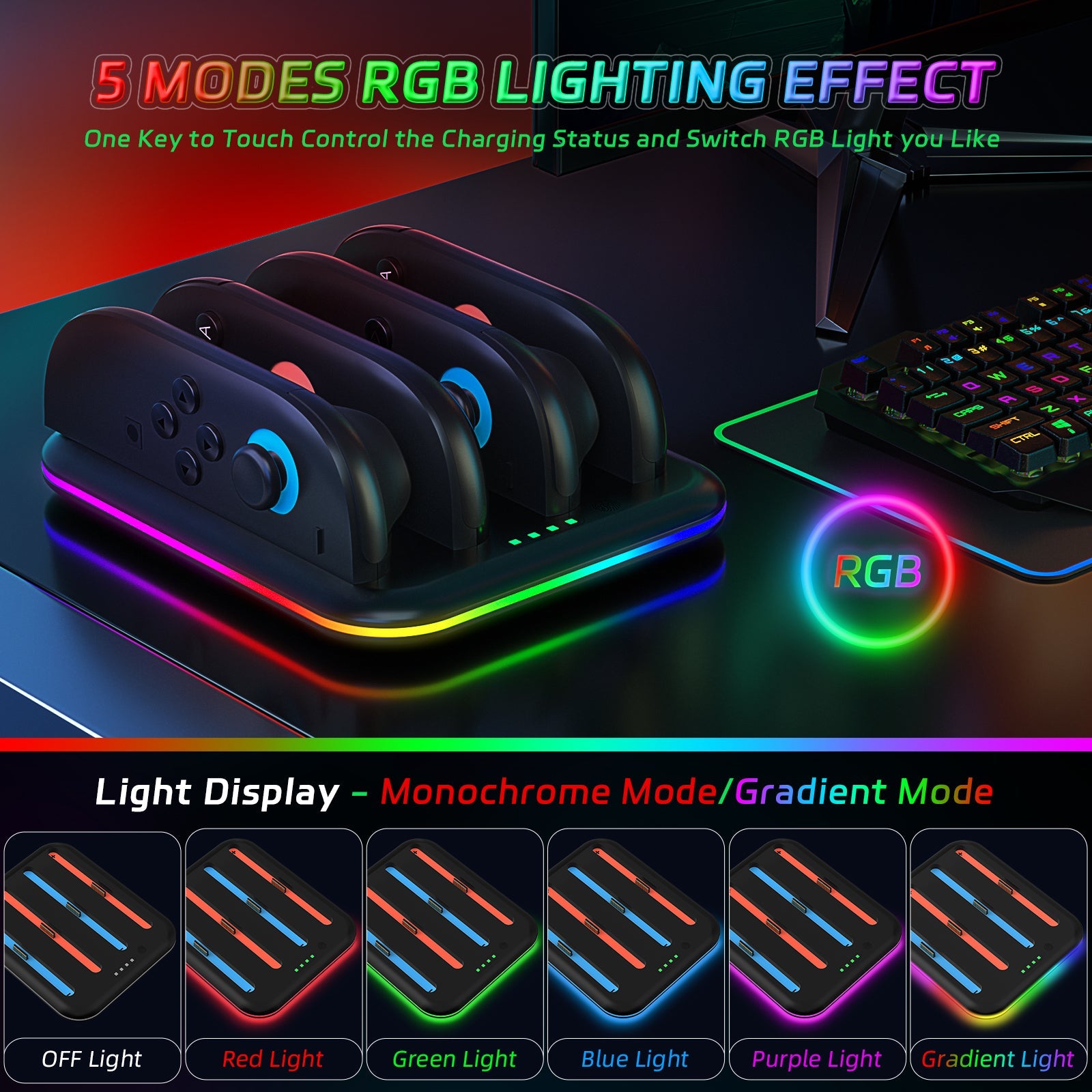 PlayCool Switch 2 – Quad Charger voor 4 Joy-Con Controllers – RGB – Zwart PlayCool