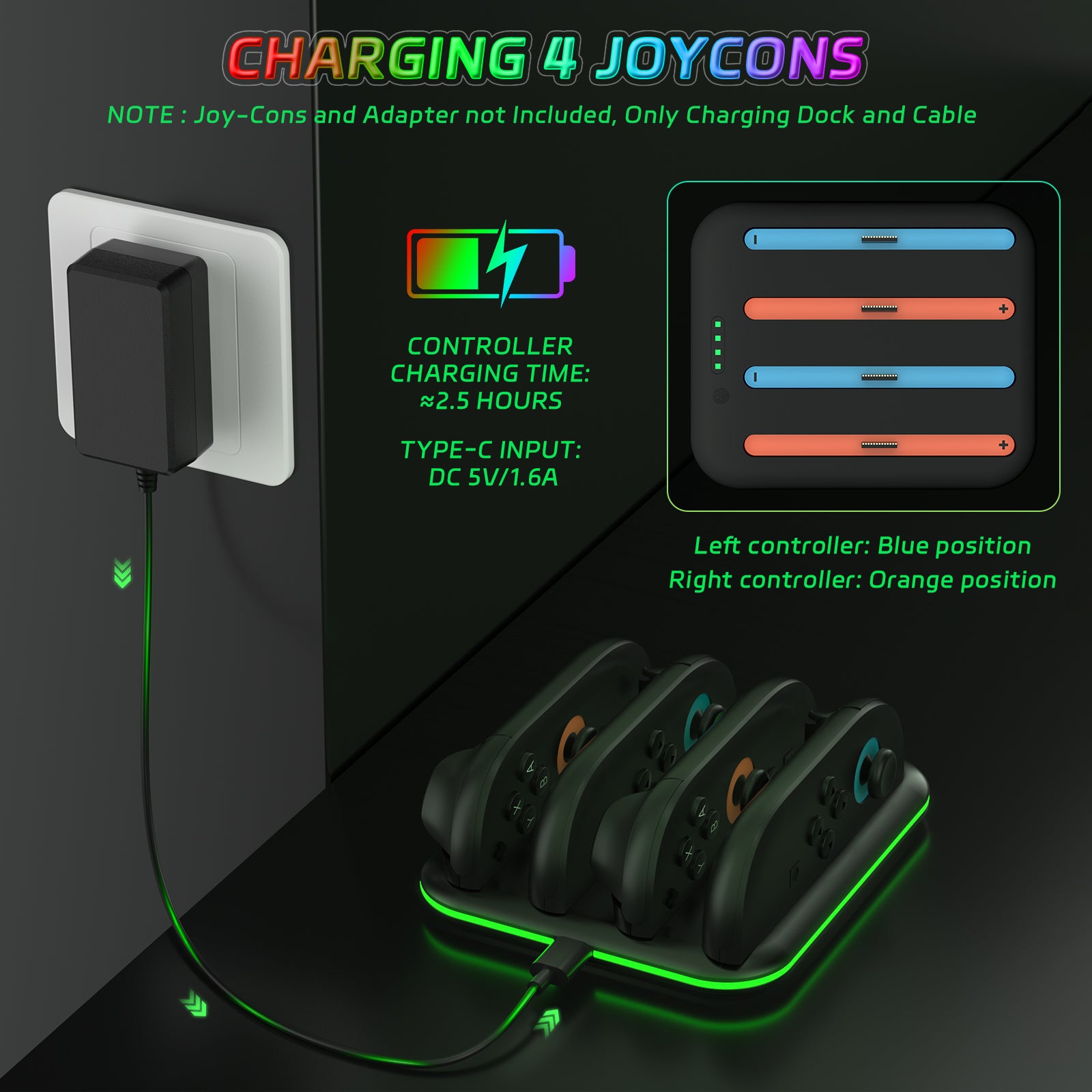 PlayCool Switch 2 – Quad Charger voor 4 Joy-Con Controllers – RGB – Zwart