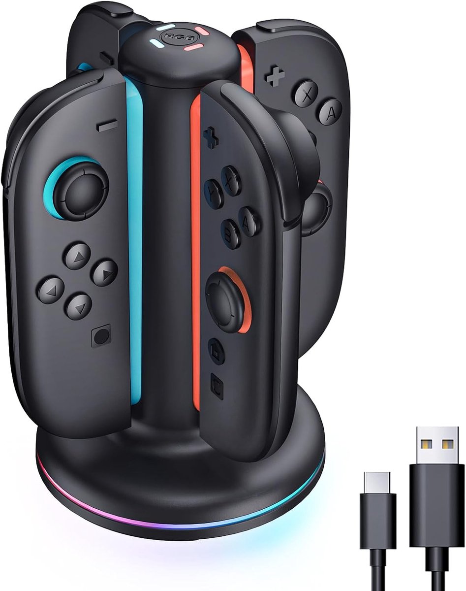 PlayCool Switch 2 – Quad Charger voor 4 Joy-Con Controllers & Screenprotector – Zwart PlayCool