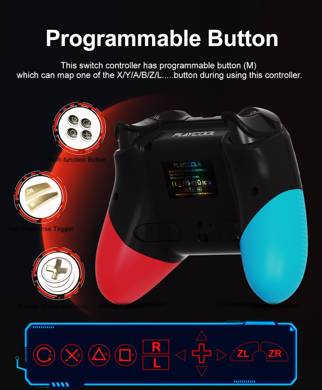PlayCool Pro-controller voor Nintendo Switch/Lite/OLED - RGB, NFC, Turbo