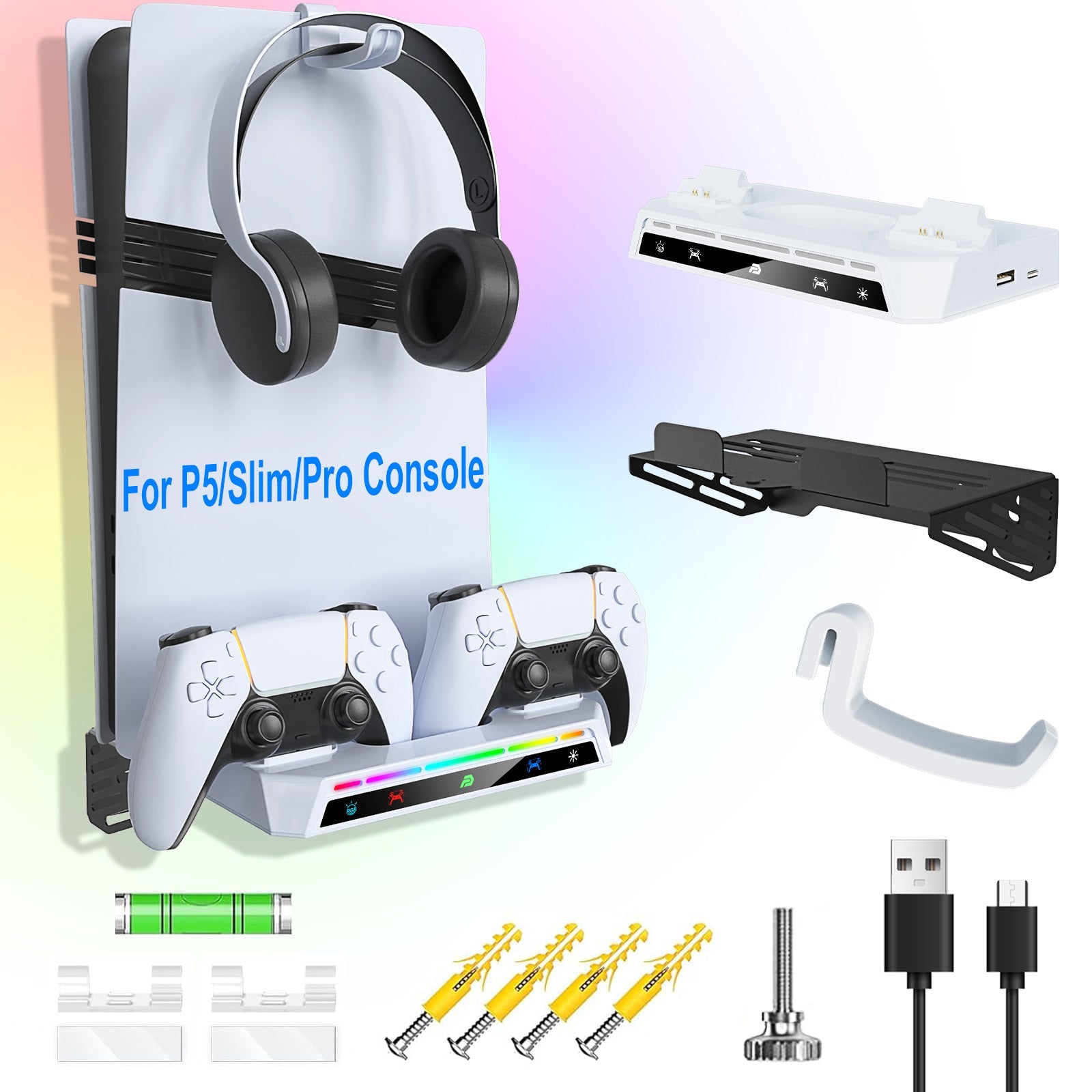 PlayCool PlayStation 5 – 2-in-1 Muurbeugel met Oplaadstation – Voor PS5 / PS5 Slim & DualSense (Edge) PlayCool