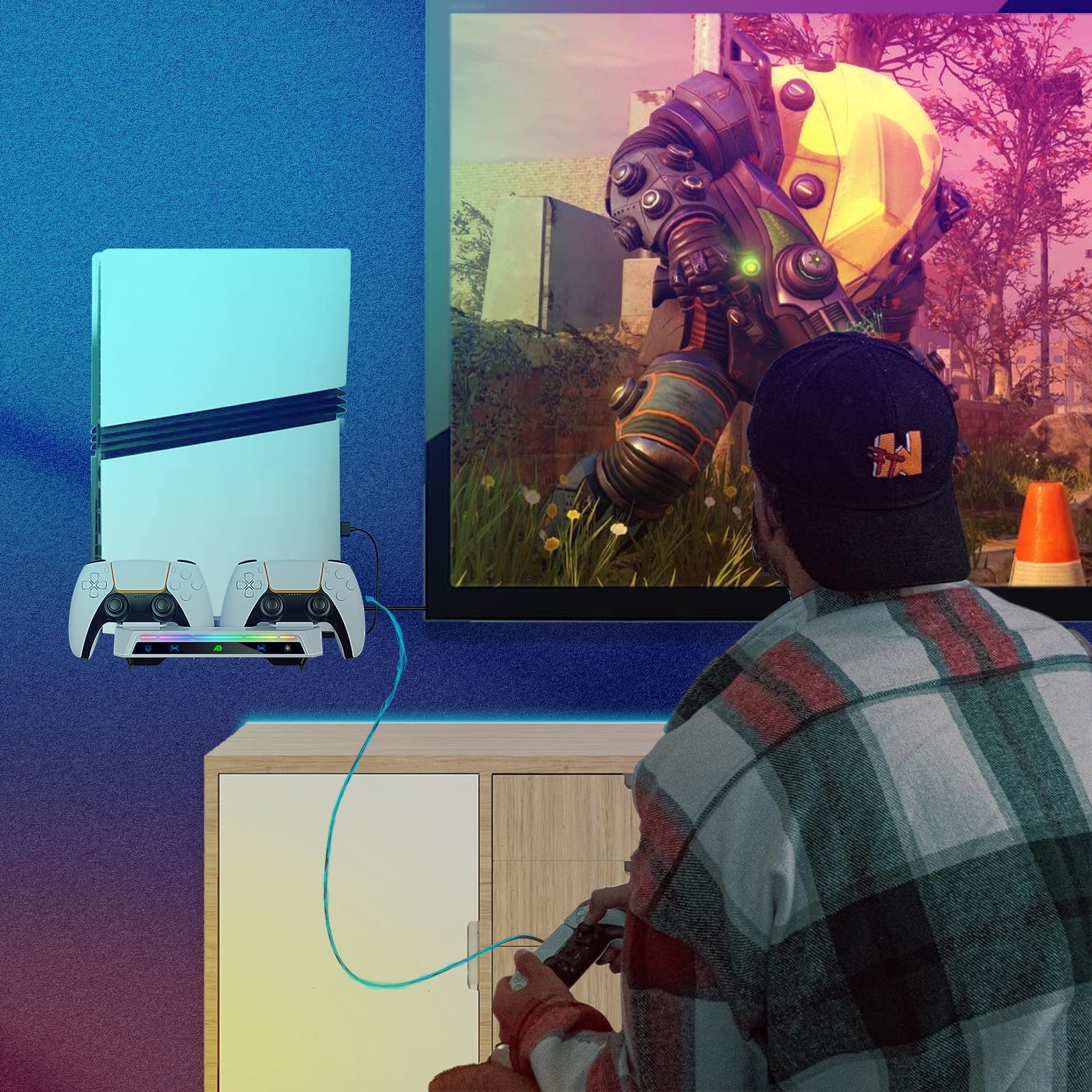 PlayCool PlayStation 5 – 2-in-1 Muurbeugel met Oplaadstation – Voor PS5 / PS5 Slim & DualSense (Edge) PlayCool