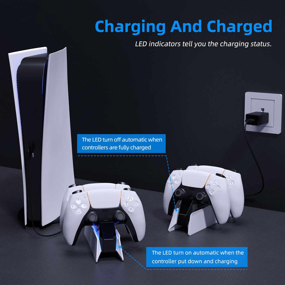 PlayCool dubbel oplaadstation voor PS5 dubbelesense & Edge met LED