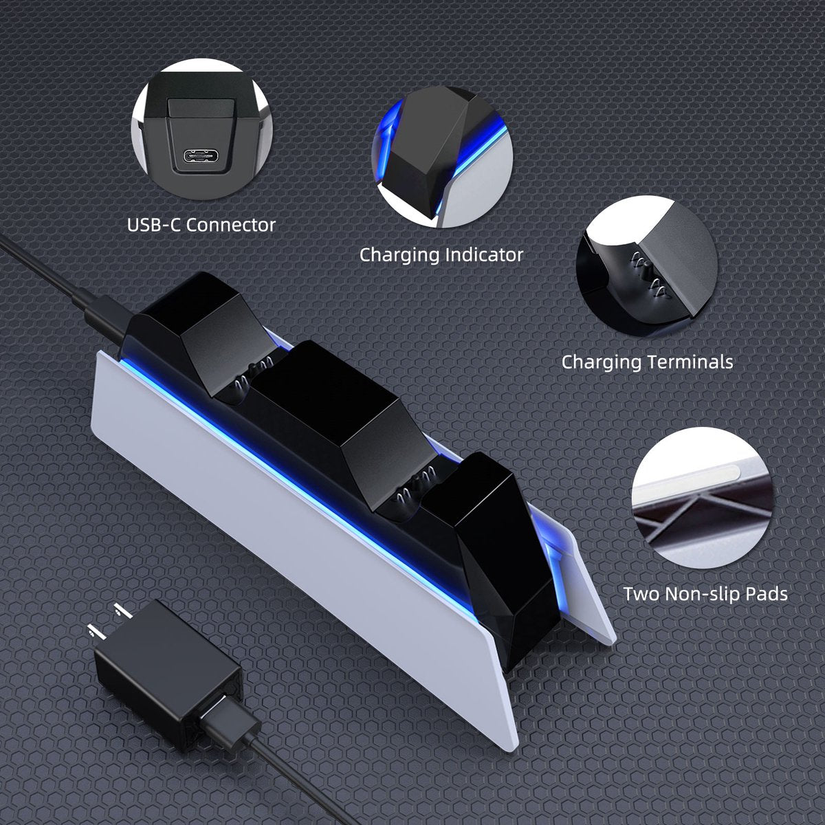PlayCool dubbel oplaadstation voor PS5 dubbelesense & Edge met LED