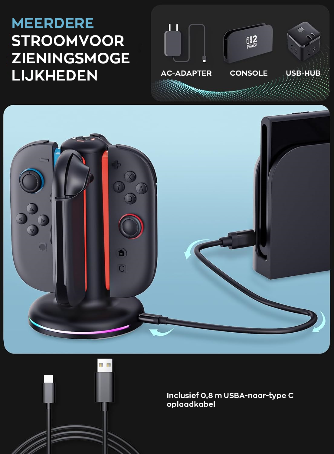 Nintendo Switch 2 Joy-Con oplader – charging dock voor 4 controllers met RGB verlichting