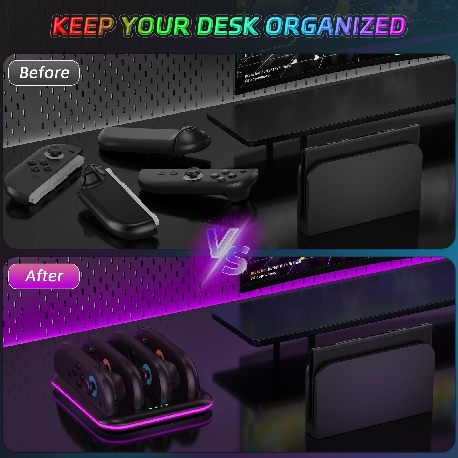 PlayCool Switch 2 – Quad Charger voor 4 Joy-Con Controllers – RGB – Zwart