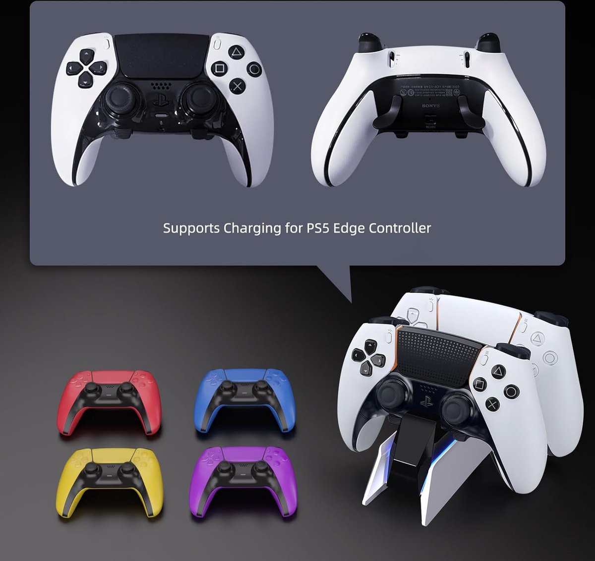 PlayCool dubbel oplaadstation voor PS5 dubbelesense & Edge met LED
