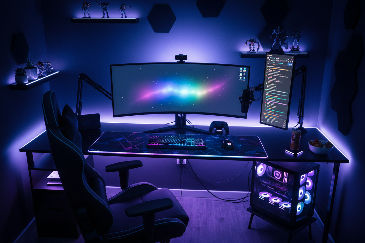 maak een goeie gaming setup met allle accesores die een gamer kan verzinnen