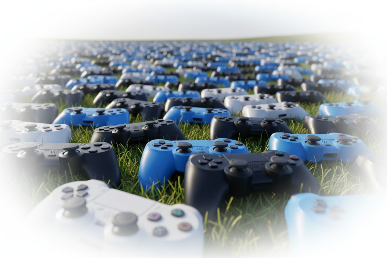 Make a picture with a landscape of playstation controllers, like thousands of controllers in the grass. The sides, top and bottom should be fading from the white background